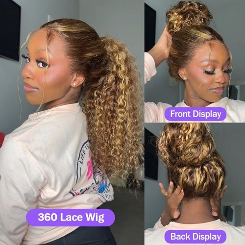w'xWater Wave Highlight Ombre Color Invisi Strap Snug Fit 360 Skin Lace Frontal Wig Glueless Human Hair