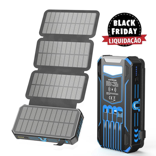 Solar Charger Power Bank, Wireless Portable Charger with 4 Built-in Cables & 7 Outputs,15W Fast Charging Portable Power Bank with USB C, Battery Pack with Flashlight for All Mobile Devices