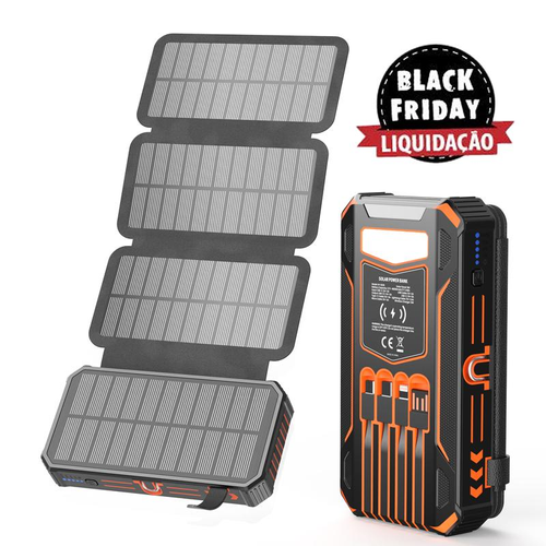 Solar Charger Power Bank, Wireless Portable Charger with 4 Built-in Cables & 7 Outputs,15W Fast Charging Portable Power Bank with USB C, Battery Pack with Flashlight for All Mobile Devices
