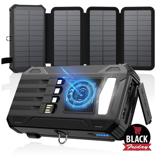 Solar Charger Power Bank, Wireless Portable Charger with 4 Built-in Cables & 7 Outputs,15W Fast Charging Portable Power Bank with USB C, Battery Pack with Flashlight for All Mobile Devices