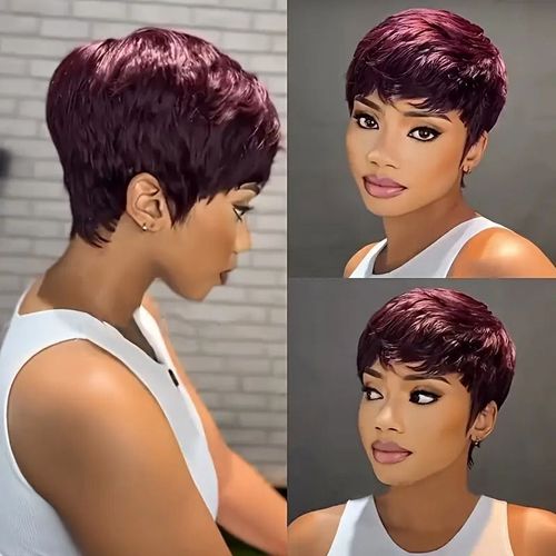 Chic 6-Inch Pixie Cut Wig with Bangs in Vibrant Red 99J Burgundy