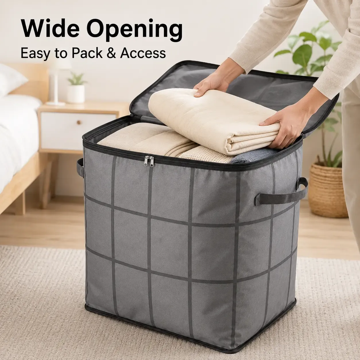 2ps-Large Capacity Fabric Bag Spacious Moving Storage Bin, Zippered Organizer for Quilts, Bedding & Sweaters,  Closet & Bedroom Use