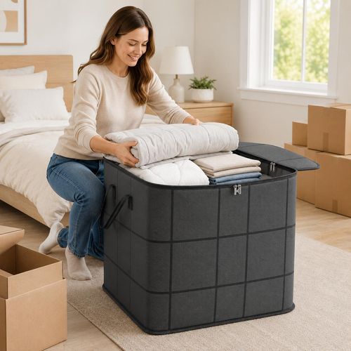 2ps-Large Capacity Fabric Bag Spacious Moving Storage Bin, Zippered Organizer for Quilts, Bedding & Sweaters,  Closet & Bedroom Use