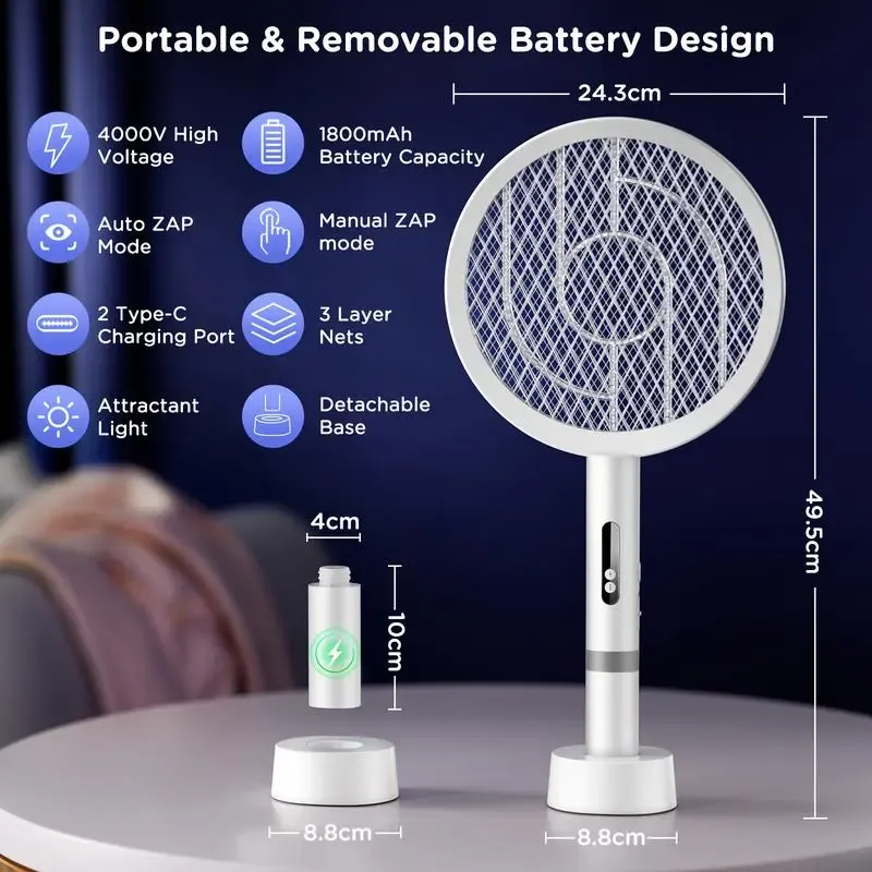 Electric Mosquito Swatter, Rechargeable 2‑In‑1 Mosquito Killer Racket For Home Use