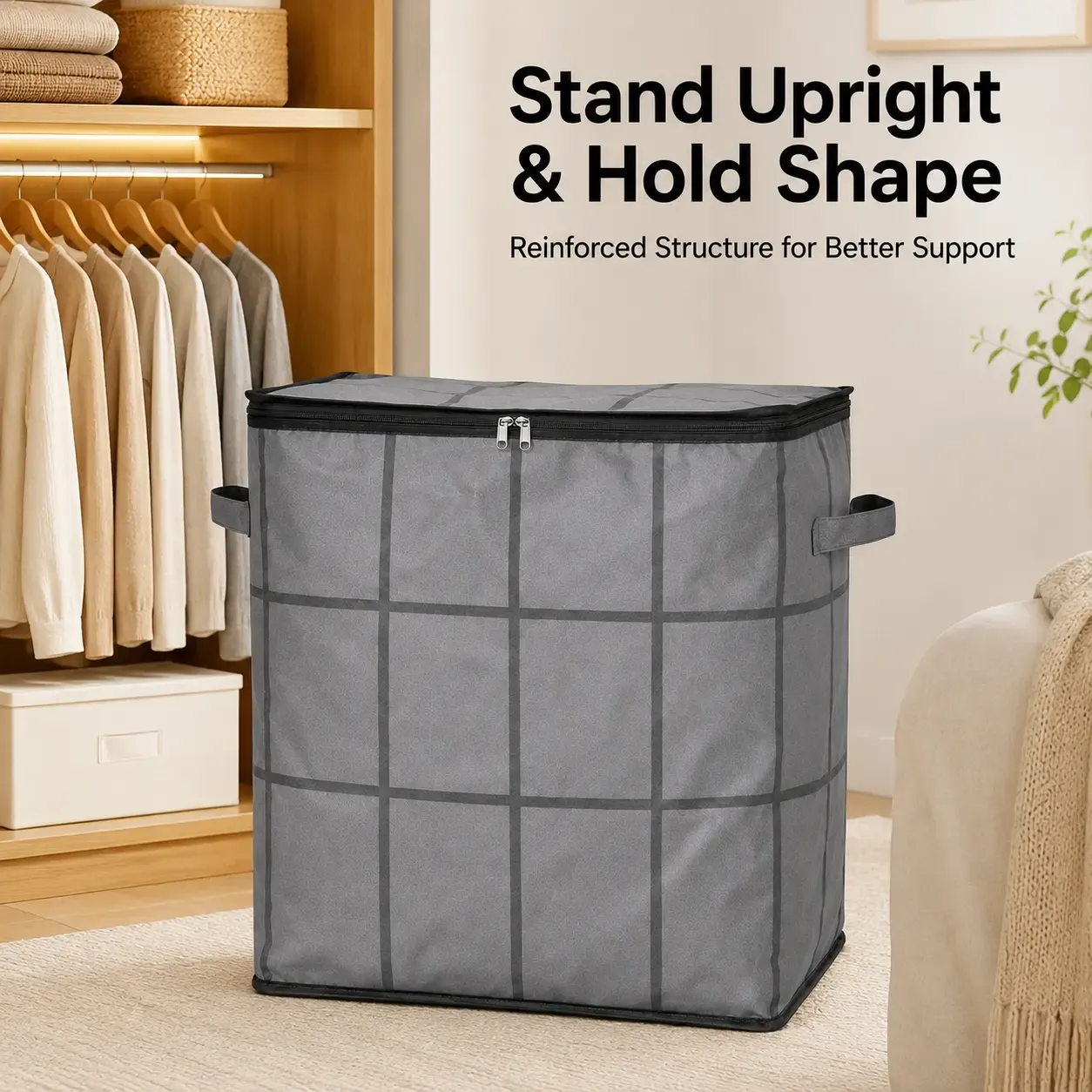2ps-Large Capacity Fabric Bag Spacious Moving Storage Bin, Zippered Organizer for Quilts, Bedding & Sweaters,  Closet & Bedroom Use