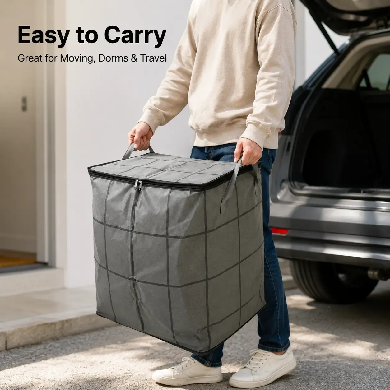 2ps-Large Capacity Fabric Bag Spacious Moving Storage Bin, Zippered Organizer for Quilts, Bedding & Sweaters,  Closet & Bedroom Use