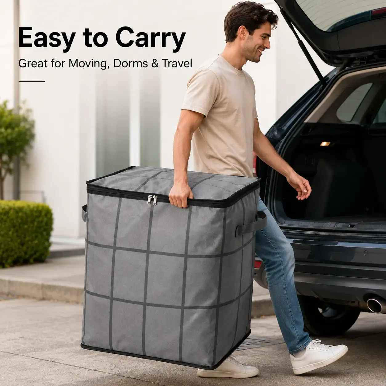 2ps-Large Capacity Fabric Bag Spacious Moving Storage Bin, Zippered Organizer for Quilts, Bedding & Sweaters,  Closet & Bedroom Use
