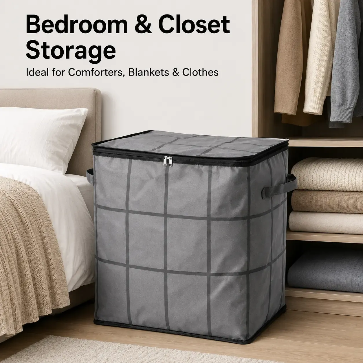 2ps-Large Capacity Fabric Bag Spacious Moving Storage Bin, Zippered Organizer for Quilts, Bedding & Sweaters,  Closet & Bedroom Use