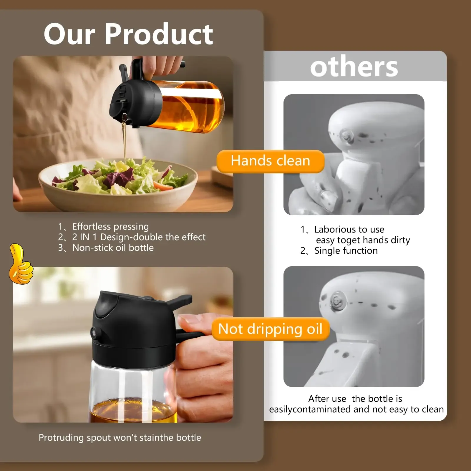 2pcs 2 in 1  Oil Dispenser Bottle for Kitchen, Green Glass Oil Bottle,