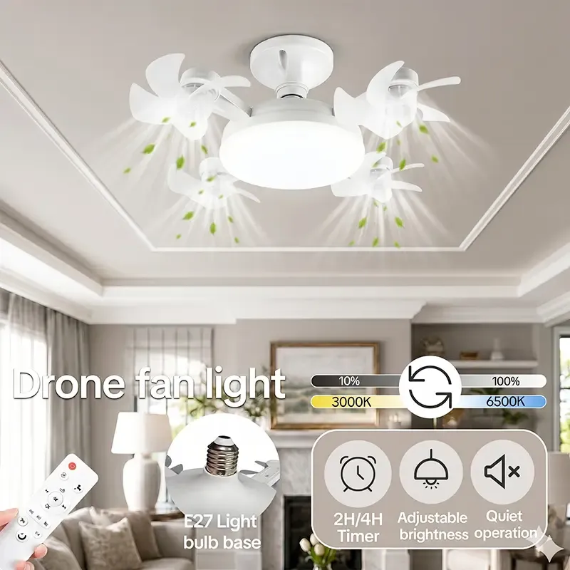 Foldable LED Ceiling Fan Light with Remote Control, E27 Socket Compatible, Adjustable Lighting & Functions, 4-Blade 60W Bedroom Fan