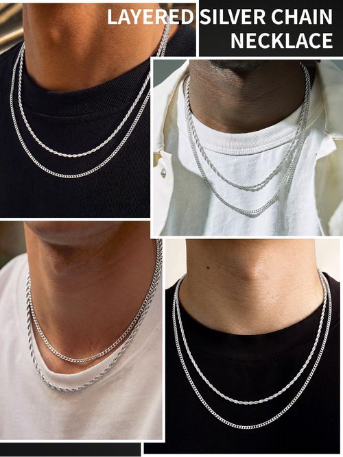 Layered Cuban Link & Rope Chain Necklaces Set