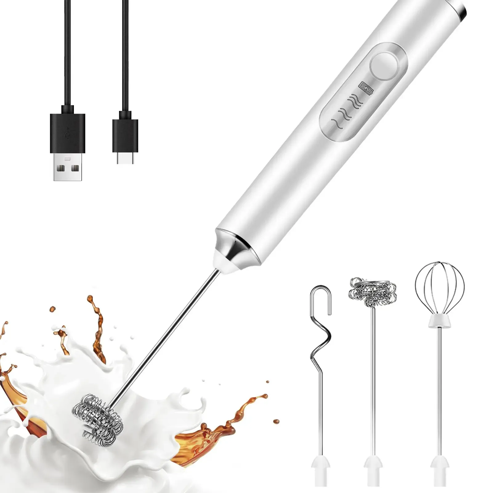 Rechargeable Milk Frother Handheld with 3 Heads 3 Speeds,Coffee Mixer,Electric Milk Bubbler Detachable Stainless Steel Whisk for Latte,Cappuccino,Matcha,Eg