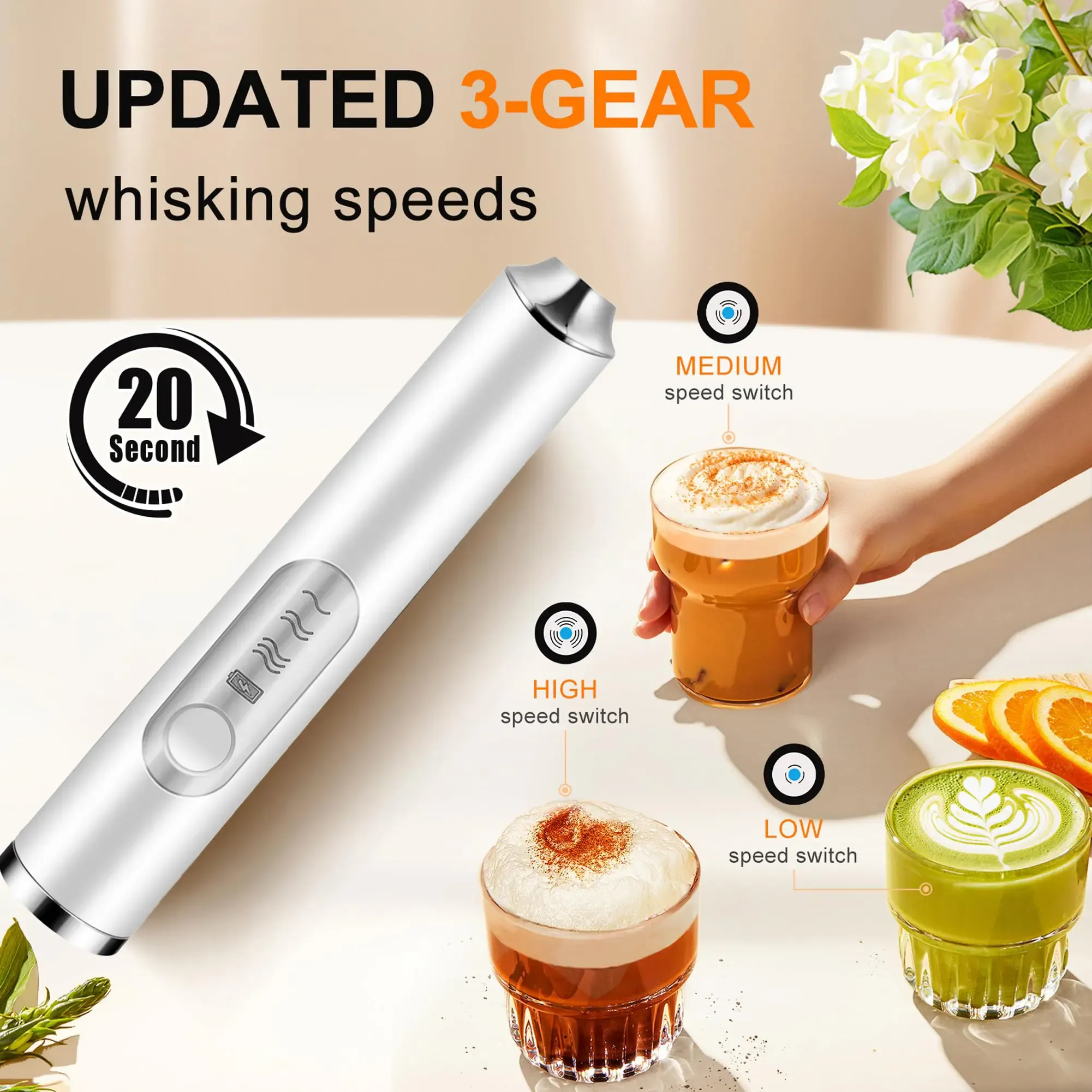 Rechargeable Milk Frother Handheld with 3 Heads 3 Speeds,Coffee Mixer,Electric Milk Bubbler Detachable Stainless Steel Whisk for Latte,Cappuccino,Matcha,Eg