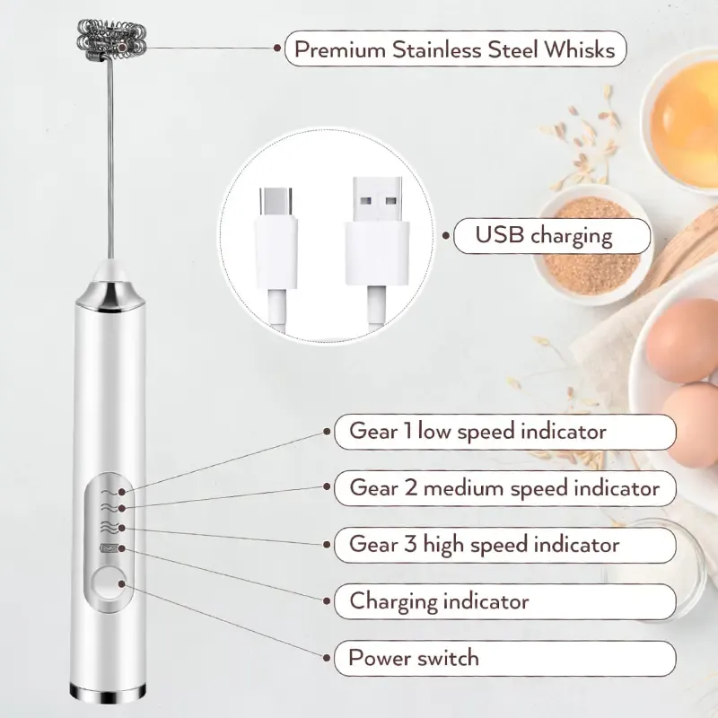 Rechargeable Milk Frother Handheld with 3 Heads 3 Speeds,Coffee Mixer,Electric Milk Bubbler Detachable Stainless Steel Whisk for Latte,Cappuccino,Matcha,Eg