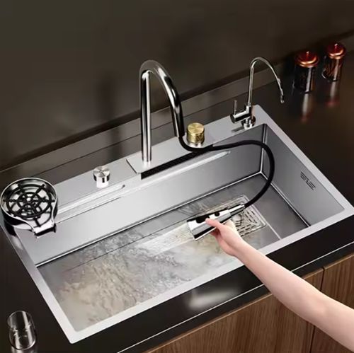 304 Hand Made Waterfall Multifunction Smart Modern Undermount Draining Single Bowl Stainless Steel Kitchen Sink