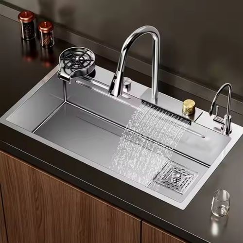 304 Hand Made Waterfall Multifunction Smart Modern Undermount Draining Single Bowl Stainless Steel Kitchen Sink
