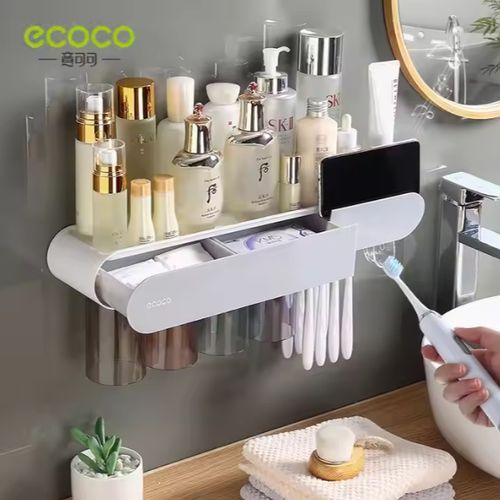 Bathroom toothbrush holder toothpaste dispenser squeezer wall mounted storage organizer rack with magnetic wash cup