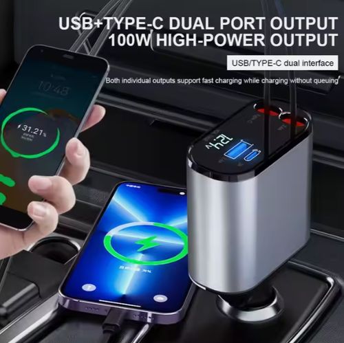 120W car charger adapter telescopic cable super fast charging multifunctional car mobile phone charging