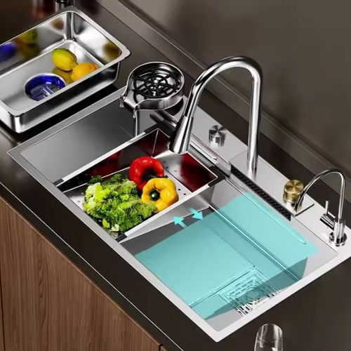 304 Hand Made Waterfall Multifunction Smart Modern Undermount Draining Single Bowl Stainless Steel Kitchen Sink