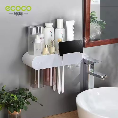 Bathroom toothbrush holder toothpaste dispenser squeezer wall mounted storage organizer rack with magnetic wash cup