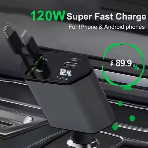 120W car charger adapter telescopic cable super fast charging multifunctional car mobile phone charging