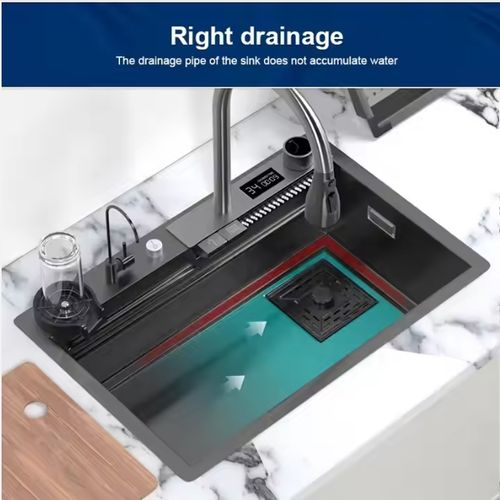304 Hand Made Waterfall Multifunction Smart Modern Undermount Draining Single Bowl Stainless Steel Kitchen Sink
