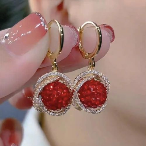 Elegant Red Crystal Ball Earrings - Minimalist Charm for New Year