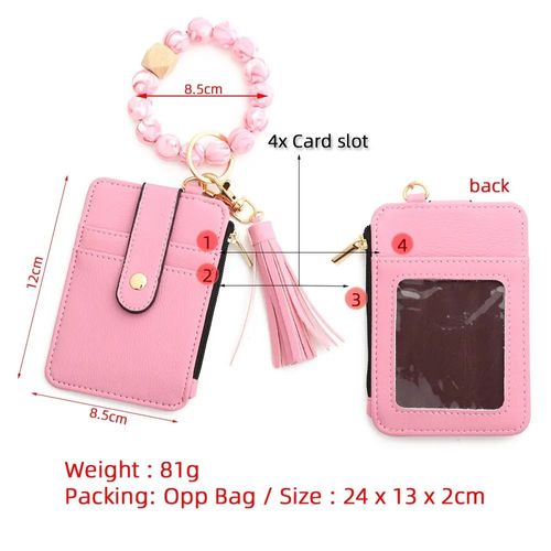 Stylish Silicone Bead Bracelet Card Holder - Wooden Bead Keychain Coin Pouch!（ pink）