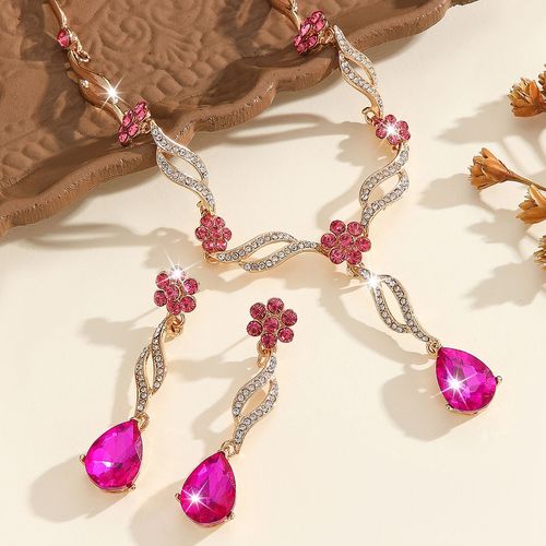 Bestseller Pink Crystal Flower Jewelry Set – Necklace + Earrings