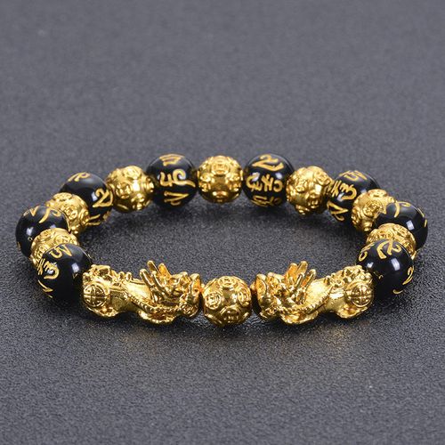 Hand-Carved Obsidian Crystal Bracelet with Eastern Cultural Motifs | Gold Accent Lucky Ornament
