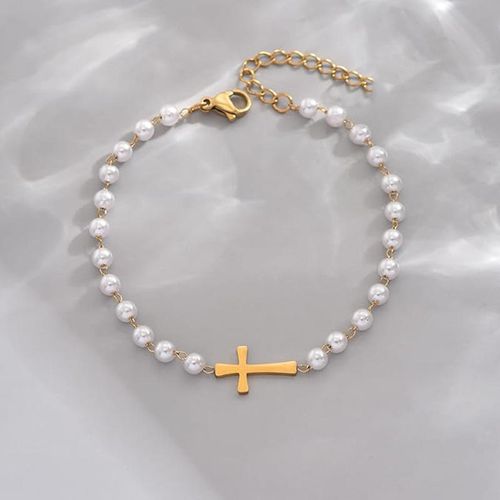 Dainty Cross Bracelet | Handmade Baroque Pearl Design – Timeless Elegance!