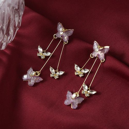 Dainty Purple Crystal Butterfly Earrings | Luxury Minimalist Silver Needle Design