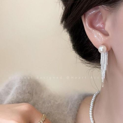 Elegant Silver Tassel Earrings - Pearls & Sparkle for Timeless Charm