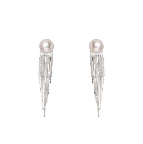Elegant Silver Tassel Earrings - Pearls & Sparkle for Timeless Charm