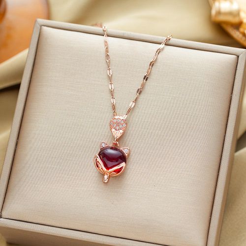 Glam Cat's Eye Fox Pendant Necklace - Titanium Steel Sparkle for Your Style