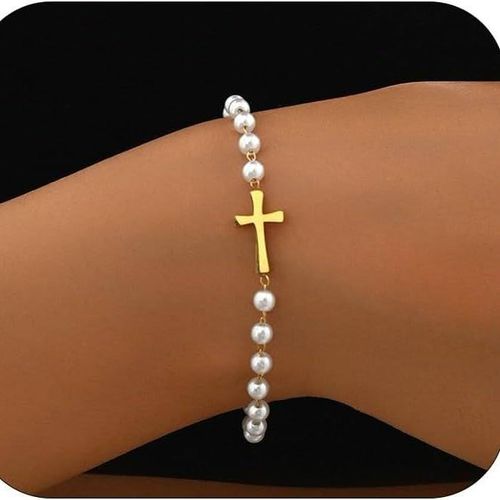 Dainty Cross Bracelet | Handmade Baroque Pearl Design – Timeless Elegance!