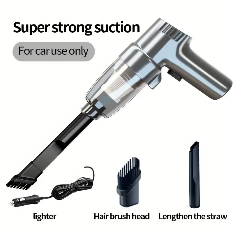 Car-mounted vacuum cleaner with extremely powerful and high suction capacity, suitable for both dry and wet cleaning. Compact and mini design for cars. Handheld and multi-functional, portable.