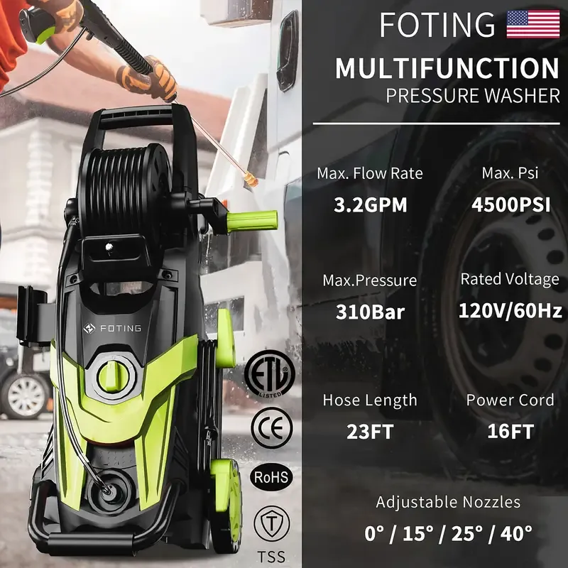 2025 upgraded high-pressure cleaning machine, 4500 PSI, 3.2 GPM, equipped with 4 quick-connect nozzles, inlet pipe, filter and foam cannon, suitable for car enclosure roadway home cleaning