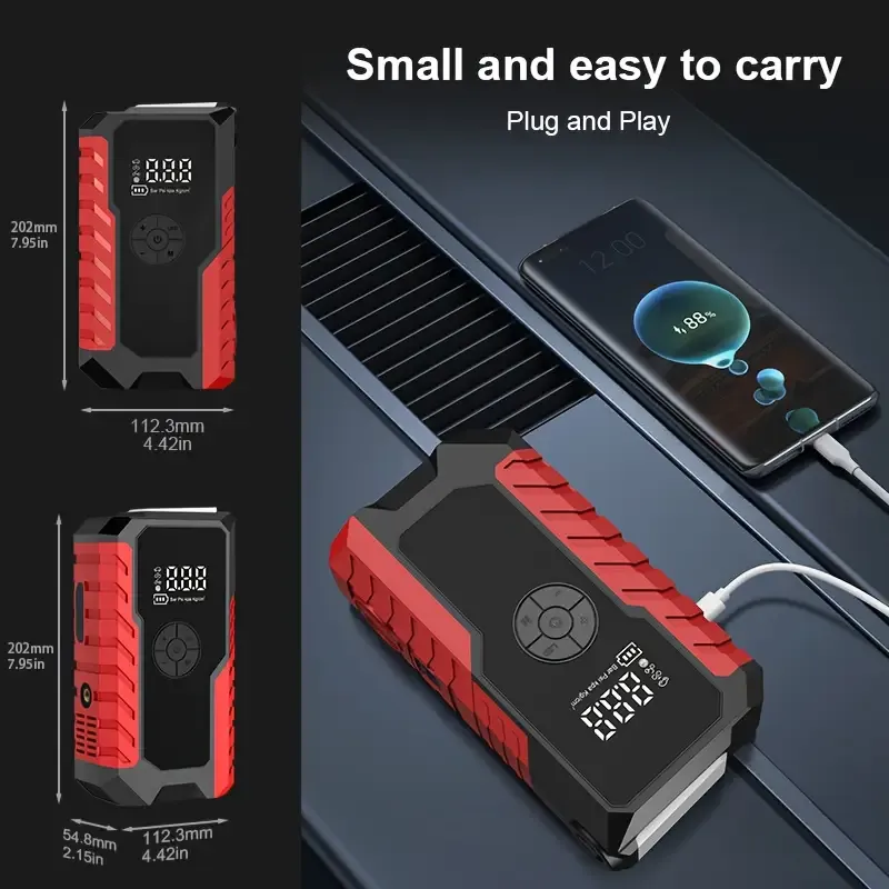 Portable emergency starters (single starter and single air pump, as well as starters with air pump) in 3 styles, 5000A peak 150PSI air pump, vehicle charger, USB Type-C, LED emergency lighting, 2.11 gallons gasoline 1.85 gallons diesel fast charging rechargeable lithium polymer battery