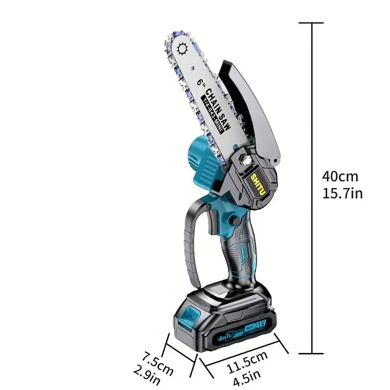 Wireless Mini Chainsaw - Compact and portable electric tree cutter - With splash-proof cover - Safety lock and rechargeable - 3000mAh battery - Can be used in gardens, courtyards and households for quick pruning - Includes gloves, oil and cleaning brush and other accessories - Home branch cutting - Toothed blade saw - Durable plastic body - Tree cutting tool