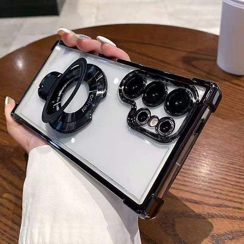 Electroplated Transparent Four Corners Anti-Drop Magnetic Phone Case for Samsung S24 S23 S22 Ultra Plus With Metal Stand