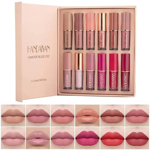 Handaiyan longa duração batom líquido atacado lip gloss veludo lábio esmalte maquiagem gift set luz matte 12 cores