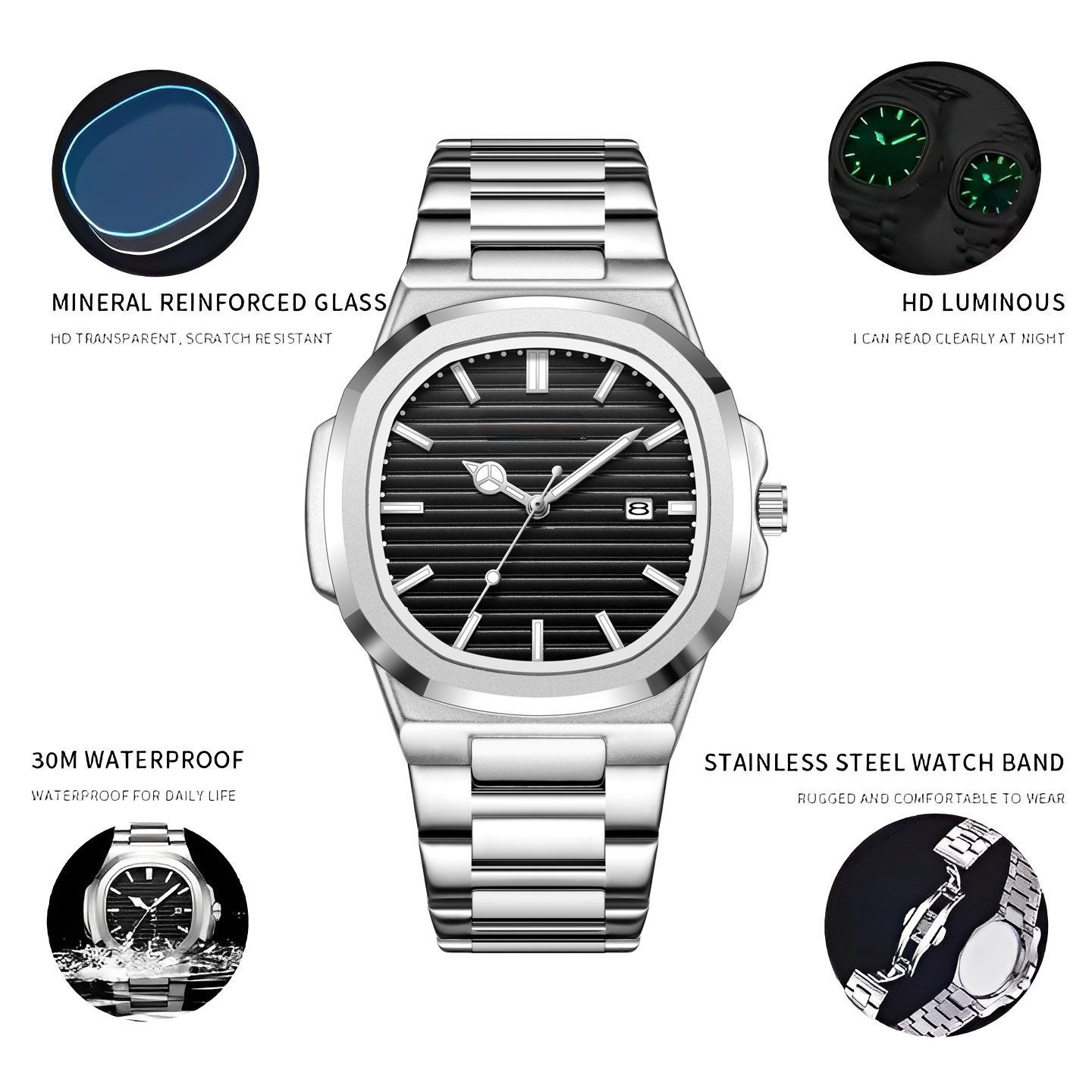 Buy a Watch, Get Jewelry Free: Stainless Steel Men's Watch – Luxurious, Elegant, Water-Resistant Square Men's Quartz Watch