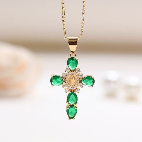 YML & Stylish Vintage-Style Zircon Cross Pendant Featuring the Virgin Mary and Jesus, Cross Pendant