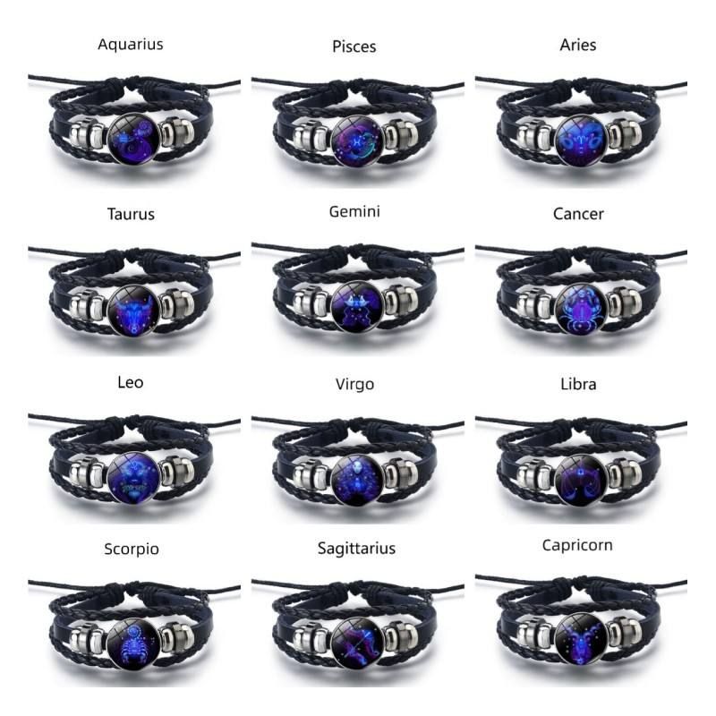 Astrology Lucky Charm - Leather Cord - Glow-in-the-Dark Zodiac Braided Bracelet - Glow-in-the-Dark Astrology
