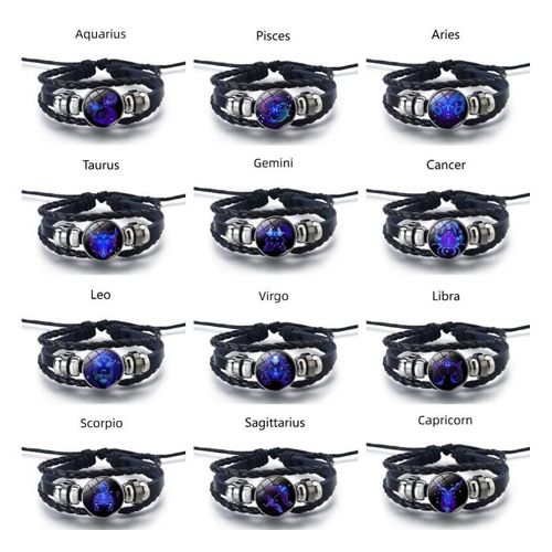 Astrology Lucky Charm - Leather Cord - Glow-in-the-Dark Zodiac Braided Bracelet - Glow-in-the-Dark Astrology