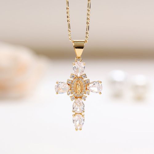 YML & Stylish Vintage-Style Zircon Cross Pendant Featuring the Virgin Mary and Jesus, Cross Pendant