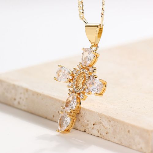 YML & Stylish Vintage-Style Zircon Cross Pendant Featuring the Virgin Mary and Jesus, Cross Pendant