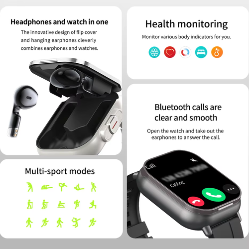 2-in-1 Smart Fitness Watch with Built-in TWS Earbuds