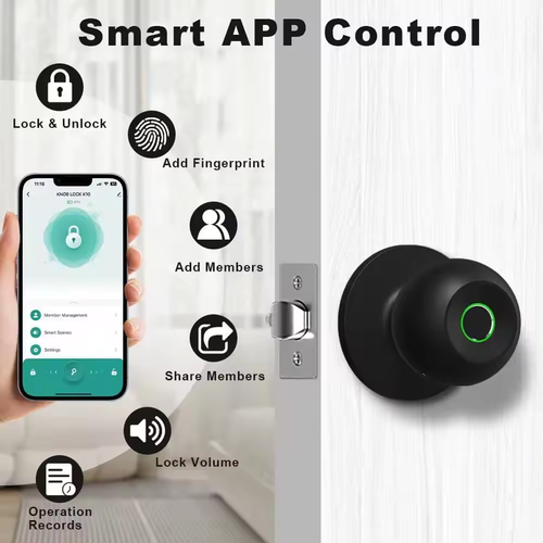 Smart Door Knob with Fingerprint Scanner, App & Physical Key Entry